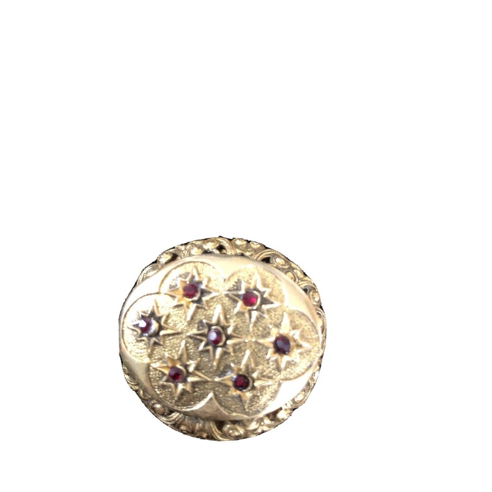Vintage Signed FREIRICH Victorian Style Layered Gold Tone Red Rhinestone Brooch